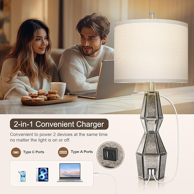 28" Vintage Table Lamps for Bedroom,Antique Bedside Lamp for Living Room with USB A+C Ports,Glass Table Lamps with Linen Shade,3-Way Dimmable Bulb,Nightstand Lamp for Home Hotel Office(Bulb Included)