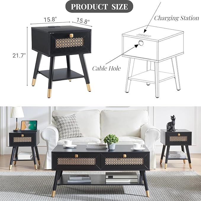Mid Century Modern End Table with Charging Station, Small Side Table Nightstand with USB Ports & Outlets, Storage Drawer & Open Shelf, Black Boho Wood Table for Living Room, Bedroom, Office,Set of 2