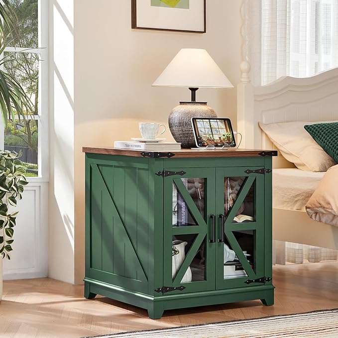 Farmhouse End Table, 24" Large Sofa Side Table with Charging Station Glass Barn Door, Wood Nightstand with Adjustable Storage Shelf, Square Bedside Table for Living Room, Bedroom, Office-Green