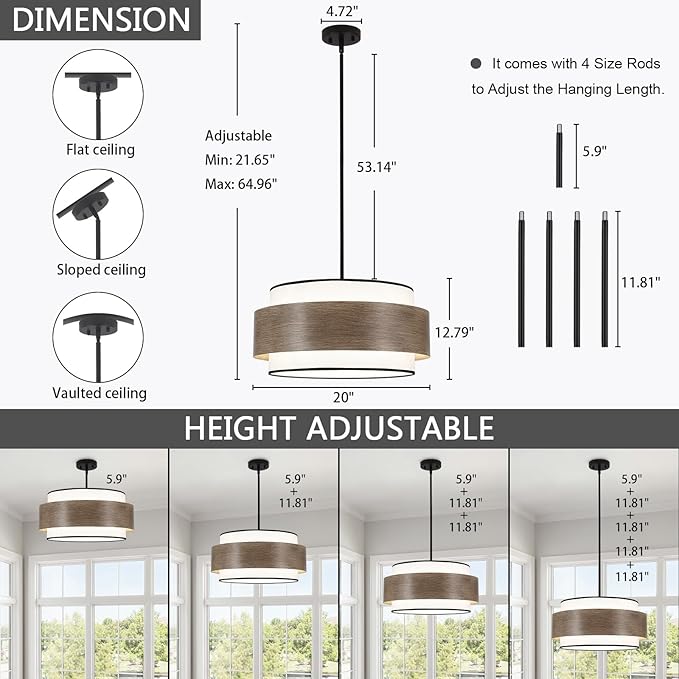 Luupyia 20 Inches Drum Chandelier with Metal and Fabric Shade, 5Lights Farmhouse Drum Pendant Light Large Rustic Chandelier, Height Adjustable Pendant Lighting for Ktichen Island Dining Room E26