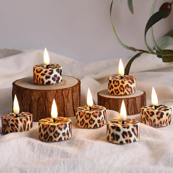 Eywamage Leopard Flameless Tealights with Remote Batteries, Flickering Cheetah LED Tea Votive Candles Christmas Gift Set of 12
