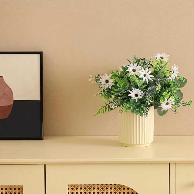 Artificial Flower and Fake Plants in Ceramic Pot,Artificial Plants Indoor, Fake Flowers in Vase for Table Centerpiece Decorations, Faux Plants Flowers Arrangement for Home Office Decoration