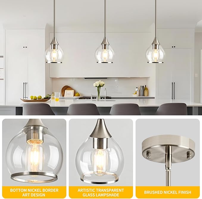 1-Piece Brushed Nickel Island Light for Kitchen, 1-Light Brushed Nickel Hanging Pendant Light with Clear Round Glass Shade for Dining Room,Bedroom