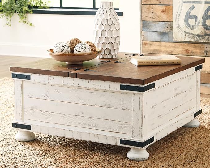 Signature Design by Ashley Wystfield Farmhouse Coffee Table with Storage, Hinged Lift Top, Wood, 36" W x 36" D x 18" H, Distressed White