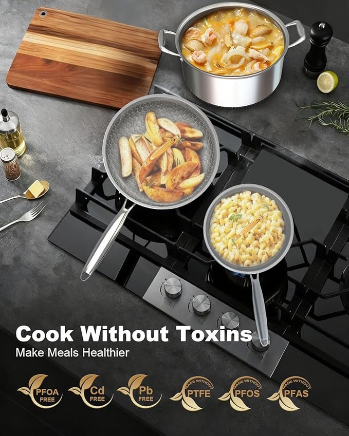 FogDream 5pcs Stainless Steel Cookware, Tri Ply Pots And Pans Set, Non Stick Frying Pans, Soup Pot & Sauce Pan With Tempered Glass Lids, Cool Handles, Dishwasher Safe, Induction Compatible, Silver
