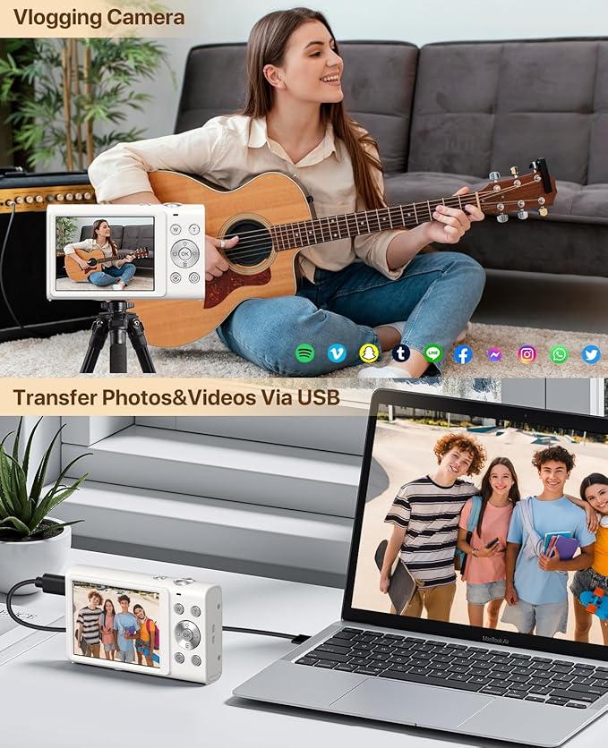 Digital Camera, 4K Vlogging Camera for YouTube Autofocus Cameras for Photography with 16X Digital Zoom, 48MP Compact Point and Shoot Digital Camera for Teens Adult with 32GB SD Card, 2 Batteries-White