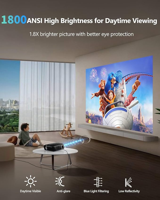 LED 4K Projector with WiFi and Bluetooth, 1800 ANSI Ultra HD Smart Daylight Home Theater Projector Home Cinema, Android TV, DSP audio, 4D keystone Correction, HDR for Gaming, Ceiling, 300" display