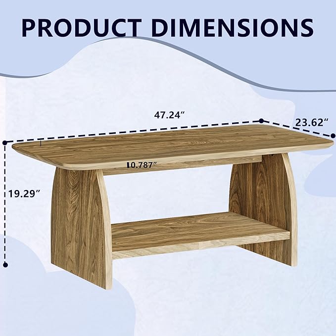 Farmhouse Coffee Table, Rectangular Living Room Table, 47'' Wooden Center Table with Storage, for Living Room, Bedroom, Rounded Corner Design