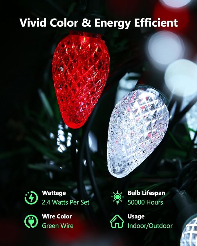 C7 LED Christmas String Lights, 25.16FT 50 LED Connectable Outdoor Indoor Decorative Light Strand, Red & White Xmas Holiday Lights for House, Christmas Tree, Patio, Party Decoration, UL Listed