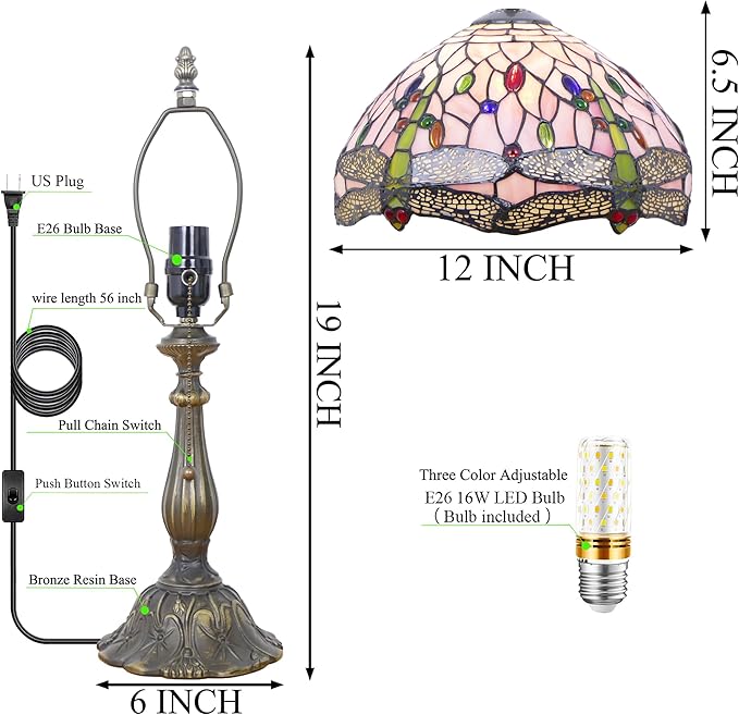 Tiffany Lamp Stained Glass Table Lamp Antique Bedside Reading Light W12H19 Inches (Pink Dragonfly)
