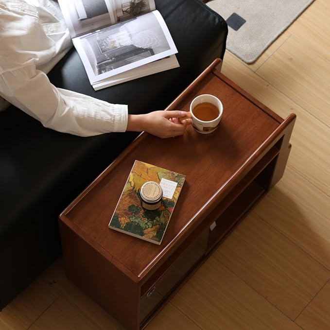 Solid Wood Side Table with Wheels, Narrow Side Table with Storage, Rolling Bedside Table for Bedroom Living Room Dining Room(Teak, 27.95" D x 11.42" W x 19.88" H)