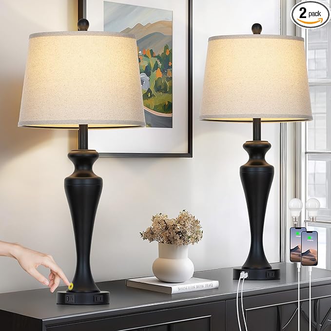 30" Black Table Lamps for Living Room, 3-Way Dimmable Touch Bedside Lamp with USB A+C Ports and AC Outlet, Tall Bedroom Lamps Set of 2, Modern Metal Nightstand Lamps for Desk Side Table Office