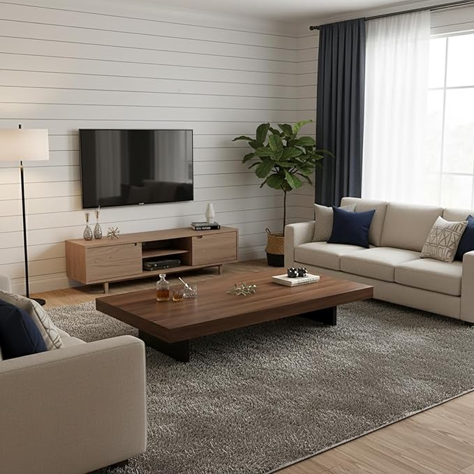 Modern Rectangular Coffee Table for Living Room, Low Profile Wood Center Table with 2" Thick Tabletop & Optional Storage Tray, Sturdy Minimalist Design (31.5"/39.4" Black/Walnut)