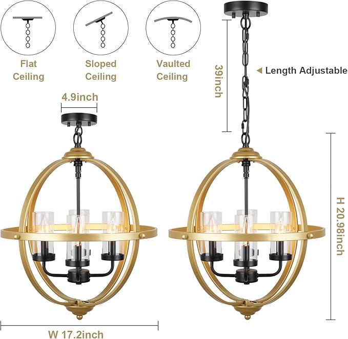 Treekee Chandelier Farmhouse Hanging Lighting, 4-Light Globe Orb Chandelier, Adjustable Modern Farmhouse Pendant Light Fixture for Dining Entryway Foyer, Gold