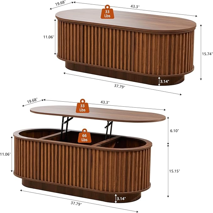 Oval Lift Top Coffee Table with Storage, 43.3”Mid Century Modern Center Table with Hidden Compartment, Fluted Wooden Lift Tabletop Dining Tables for Living Room Apartment Home Office,Walnut