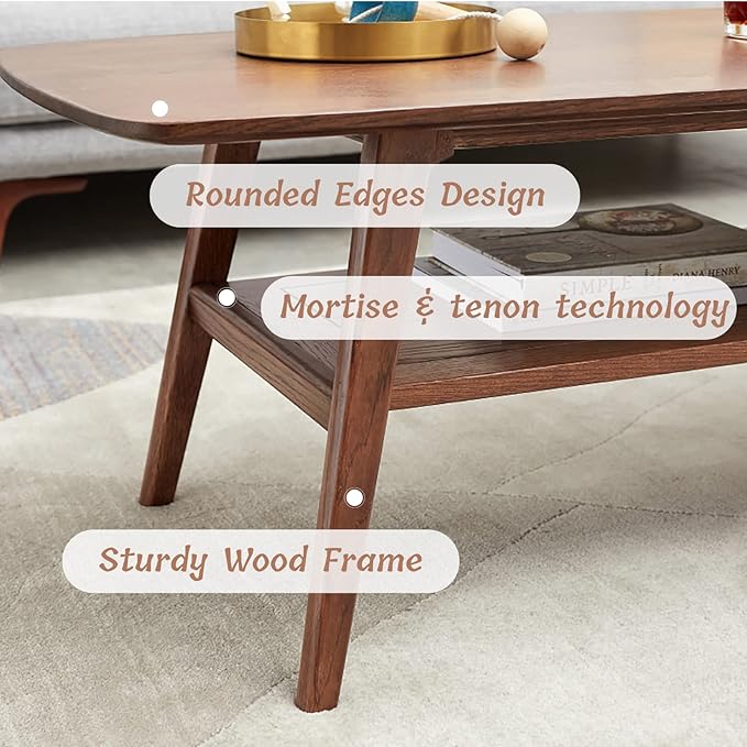 Mid Century Modern Coffee Table: 100% Solid Wood Coffee Table - 2-Tier Storage Design - Practical Coffee Tables for Living Room, Apartment, Easy Assembly (Walnut, 47.24")