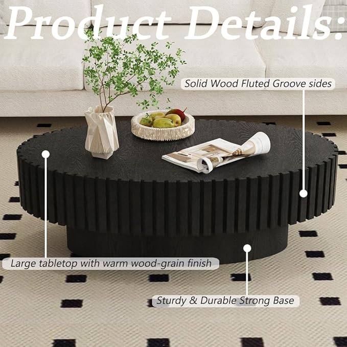 43.3” Oval Coffee Table Modern Fluted Coffee Table Handcrafted Relief Center Table with Sturdy Pedestal Mid Century Modern Center Table Tea Table for Living Room Apartment (Black)