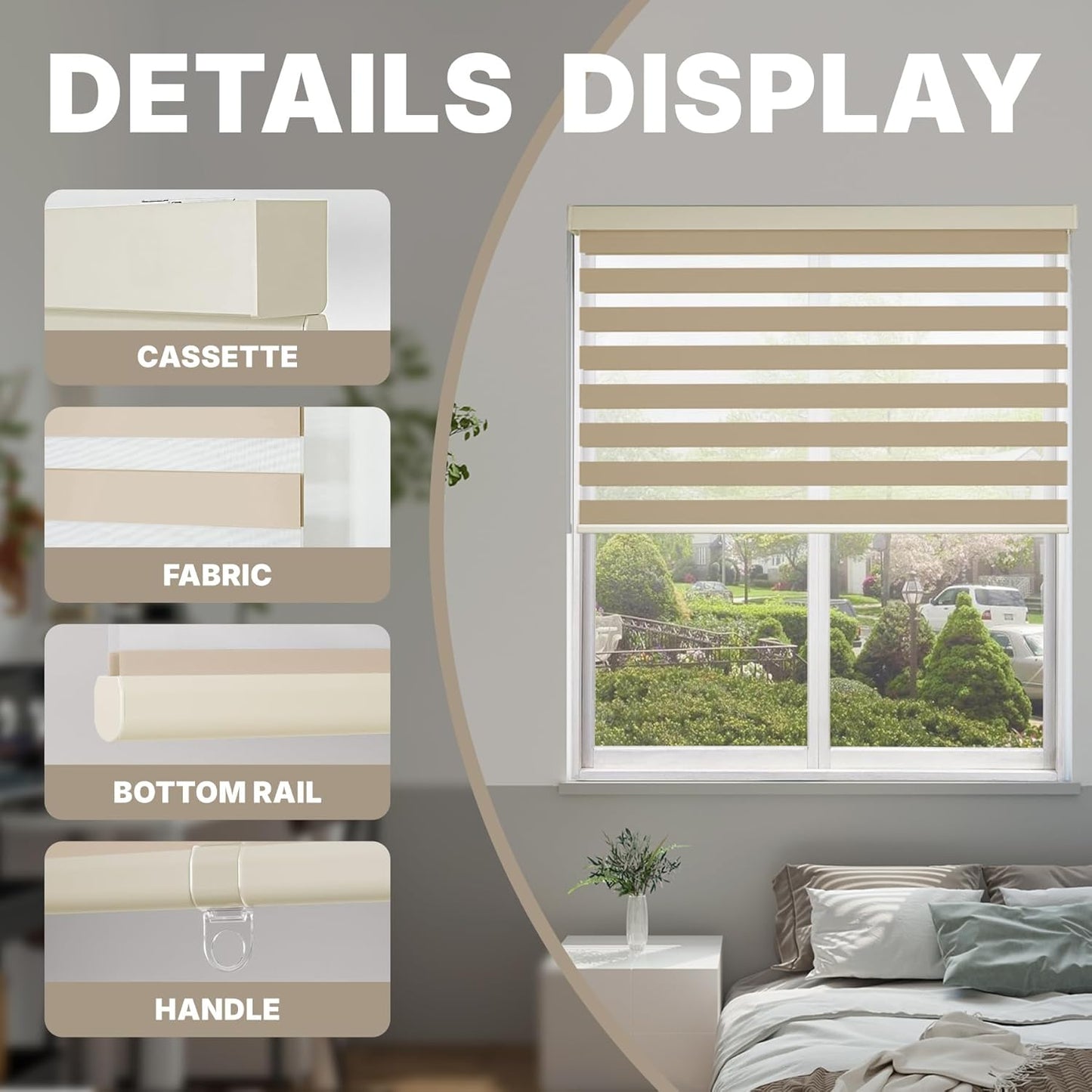 HESTIA Cordless Zebra Blinds Light Filtering Roller Shades UV Blocking Blackout Privacy Indoor Window Shades for Home Office Day and Night, Beige,34" W x 48" H