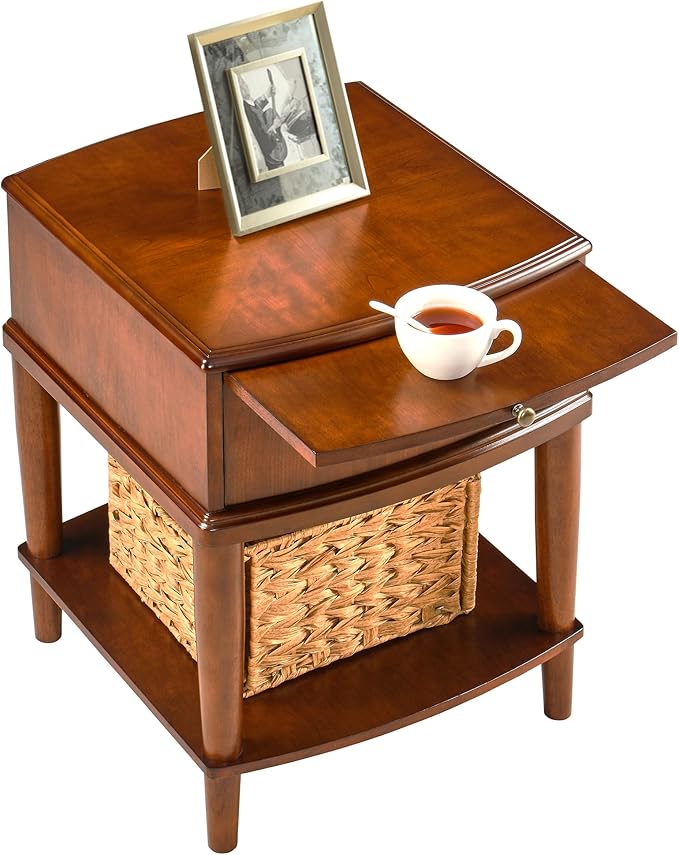 Traditional Wood End Table with Drawer and Storage Shelf, Hardwood Beside Table with Pull-Out Divider, Modern Vintage Sofa Chair Side Table Nightstand for Living Room Bedroom, Cherry Brown 1569MG