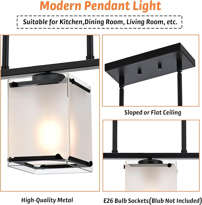 5-Light Blcak Chandeliers for Dining Room, Modern Kitchen Island Lighting with Frosted Glass Shade Linear Pendant Lighting for Dining Table Kitchen Island, Adjustable Height