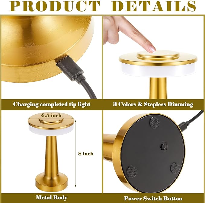 Riakrum 4 Pcs LED Portable Cordless Table Lamp with Touch Sensor 3 Color Stepless Dimming Rechargeable Battery up to 15 Hours Cordless Table Light Wireless Lamp for Nursery (Gold)