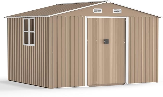 Kullavik 10FT x 8FT Outdoor Storage Shed with Window,Floor and Lockable Doors,Waterproof Metal Garden Tool Shed,Galvanized Steel shed for Backyard,Garden,Patio