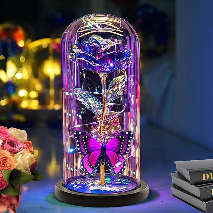 Christmas Flowers Gifts for her Women Mom Wife,Womens Gifts for Christmas, Rose Flowers Gift Light Up Rose in Glass Dome,Birthday Gifts for Woman Purple