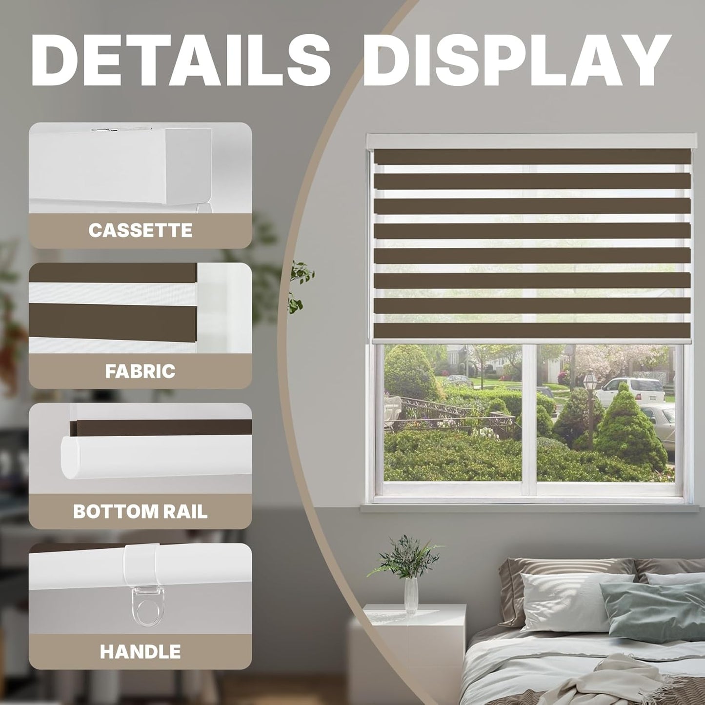 HESTIA Cordless Zebra Blinds Light Filtering Roller Shades UV Blocking Blackout Privacy Indoor Window Shades for Home Office Day and Night, Brown,28" W x 54" H