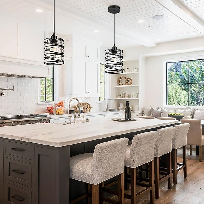 Pendant Lights Kitchen Island, Modern Black Farmhouse Hanging Light with Bubble Seeded Glass, 2 Pack Pendant Lighting with Adjustable Height for Dining Room, Bedroom, Living Room, Hallway