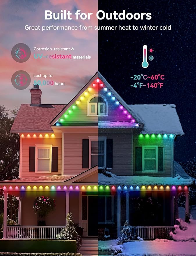 Permanent Outdoor Lights, 150ft Smart IC+RGB Outdoor Christmas Lights with 108 LED, IP67 Waterproof LED Eaves Lighting with DIY Scene Modes for Halloween Holiday Decor, Smart APP & Remote Control