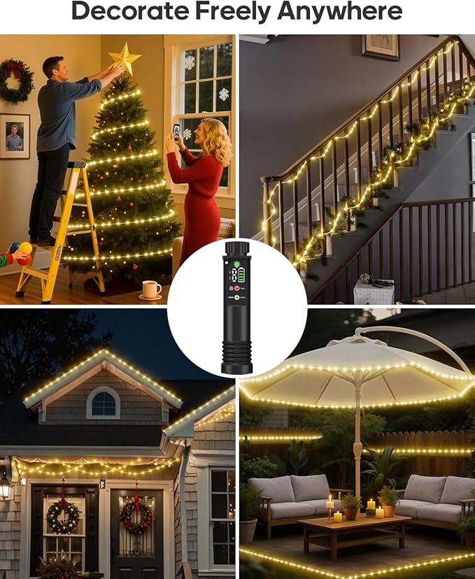 Rechargeable Rope Lights, 79FT 240LED Outdoor Waterproof String Lights with 1200mah Portable Rechargeable Battery, Timing & 8 Modes for Party Christmas Camping DIY Tree trampoline - Warm White 2 Pack