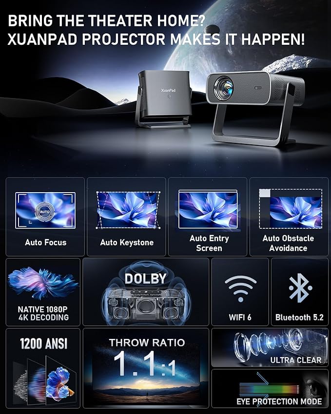 [Officially-Licensed App & Auto Focus] Projector with WiFi and Bluetooth, XuanPad Full HD 1080P Portable Projector, 210° Rotatable Stand, Auto Keystone, Dust Removal and Heat Dissipation Design