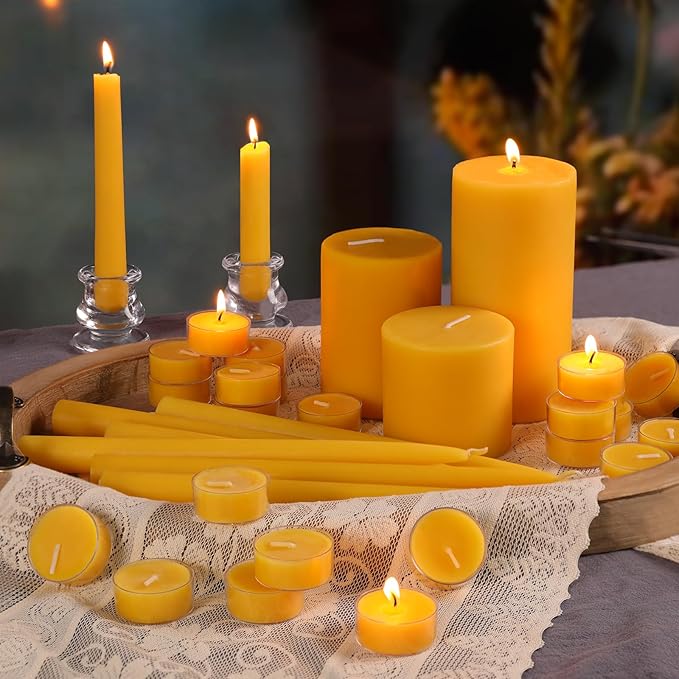 Pure Beeswax Candles Set, 3pcs Pillar|6pcs Taper|24pcs Tealight Candles-345 Hour Long Burning, 100% Natural Organic Beeswax Candles Gift Set for Women, Dripless Smokeless Candle Bulk for Home