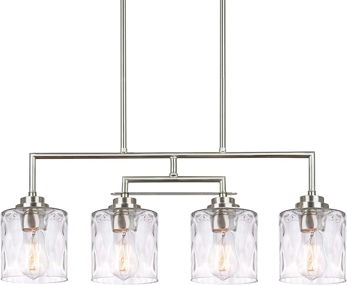 Kira Home Monroe 28" Modern 4-Light Island Light, Free Swinging Center Arm + Hammered Glass Shades, Adjustable Hanging Height, Brushed Nickel Finish