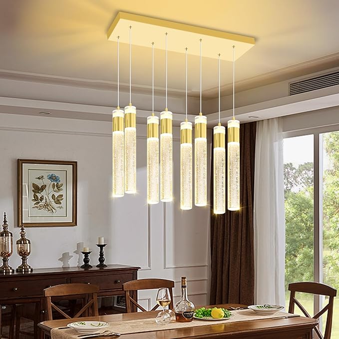 8-Lights Gold Hanging Pendant Light for Kitchen Island Modern Dimmable LED Crystal Chandeliers for Dining Room Bedroom Living Room Over Table Adjustable Height
