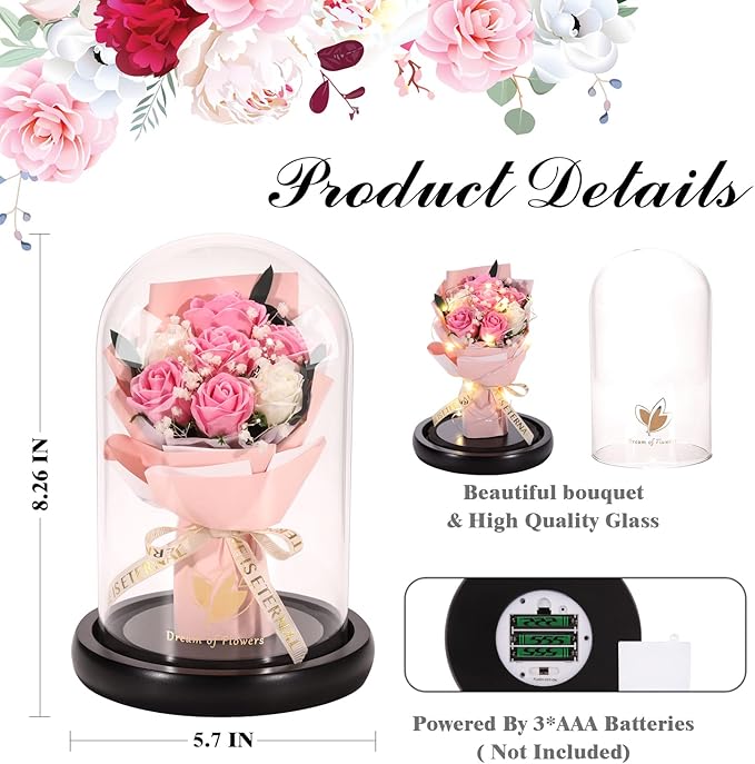 Christmas Rose Gifts for Her,Christmas Flower Gifts for Women,Forever Flowers Rose in Glass Dome with 2 Light Modes,Light Up Rose Valentines Anniversary Birthday Gifts for Women, Mom,Wife,Girlfriend