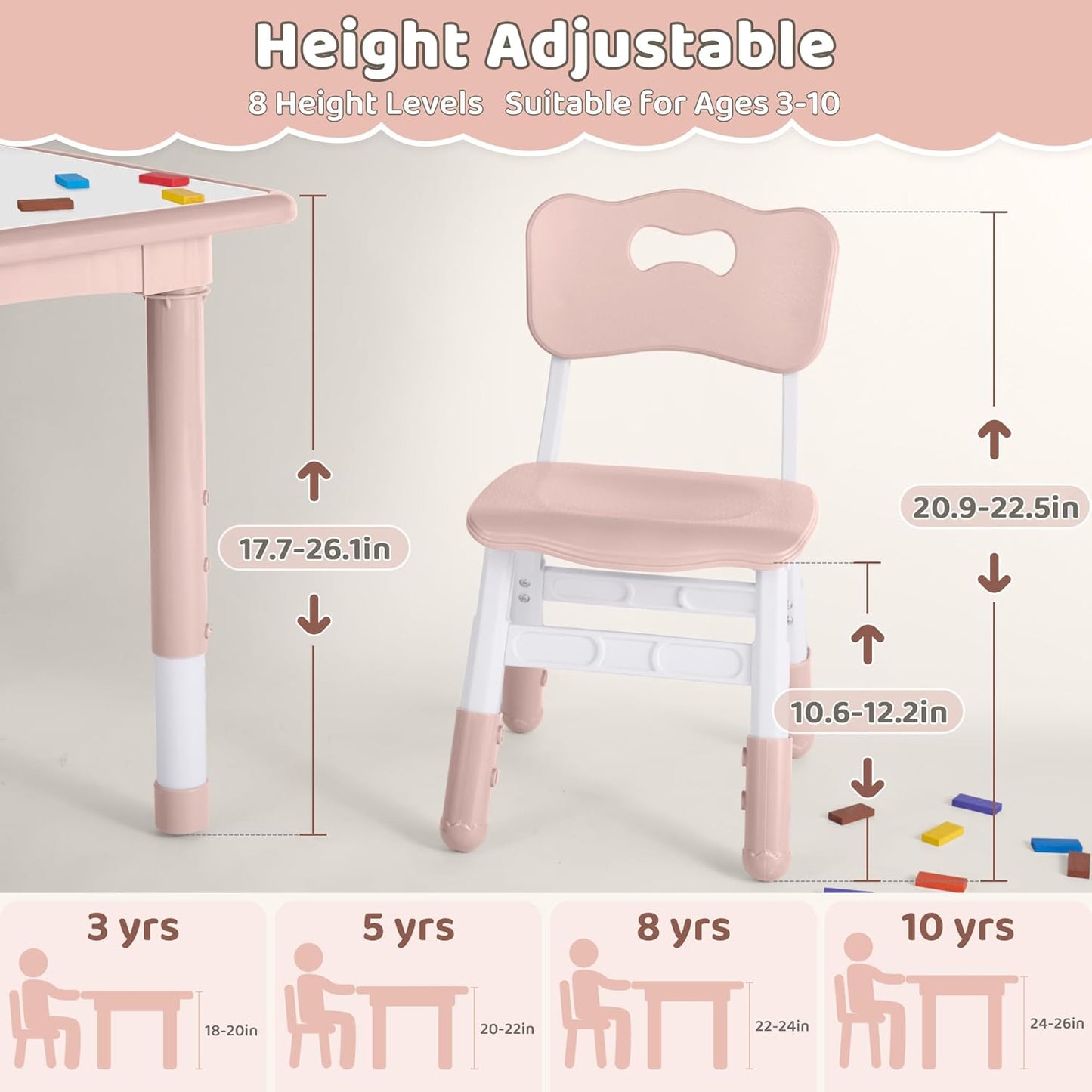 Kids Table and 2 Chairs Set, Height Adjustable (17.7"-26.1") Toddler Table and Chair Set, Multi-Activity Table with Graffiti Desktop, Children’s Table and Chairs for Classroom, Home & Daycare