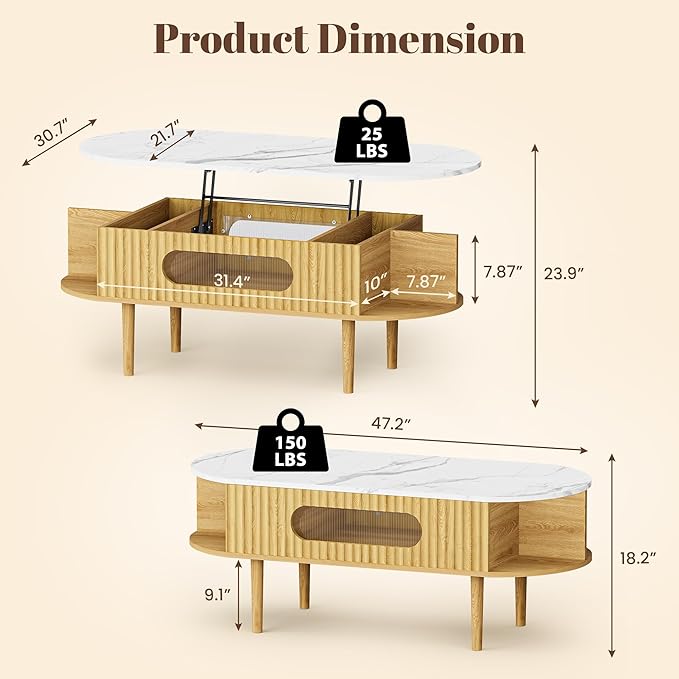 47" Coffee Table, Wood Oval Center Table with 3 Hidden Compartment & 4 Open Space, Faux Marble Tabletop, Modern Coffee Table for Living Room, Home Office, Natural