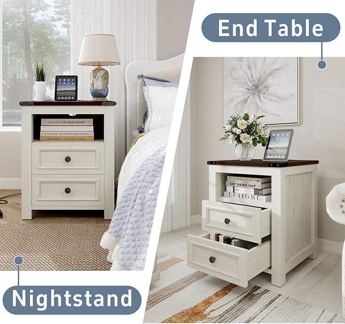 MUUEGM Farmhouse Nightstand with Charging Station, End Tables for Living Room, 18 Inch Bedside Table Side Table with Drawers and Storage Cabinet, Nightstand for Bedroom, White, Set of 1