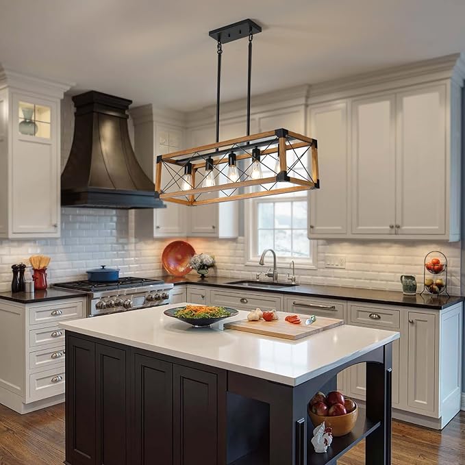 Dining Room Light Fixture, Farmhouse Chandelier, Kitchen Island Lighting, Rustic 5 Light Pendant Chandeliers, Country Wood Island Lights