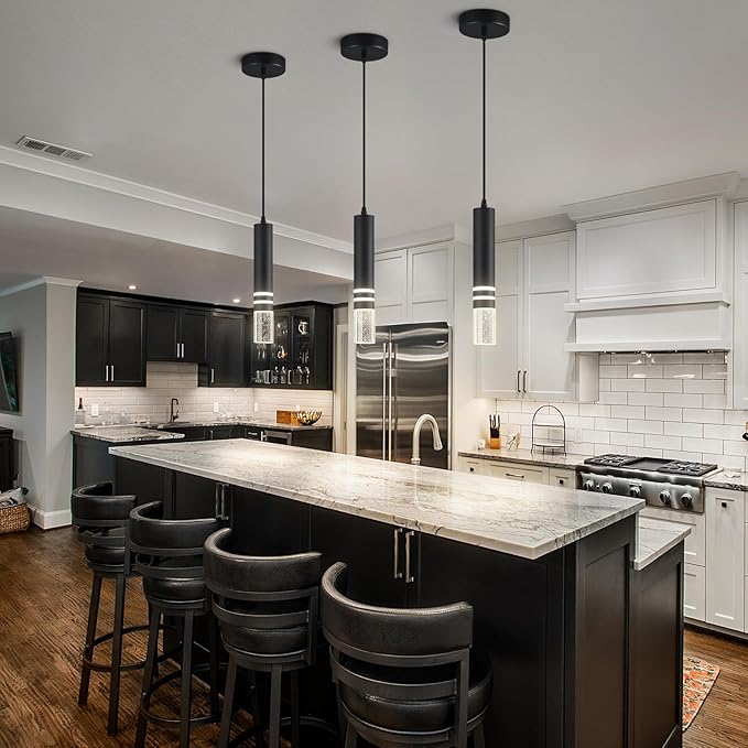 Pendant Lights Kitchen Island, Crystal Pendant Light Fixtures Mini 6W LED Modern Kitchen Pendant Lighting Over Sink and Living Room and Bedroom (Black 2-Pack)