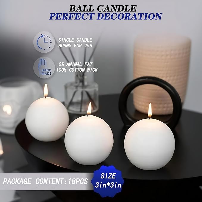 18 PCS White Round Candles,3 in Ball Candles Bulk Set,Dripless Unscented Smokeless，Whether You're Hosting a Wedding or Other Party, or Decorating Your Home,It's a Great Choice.