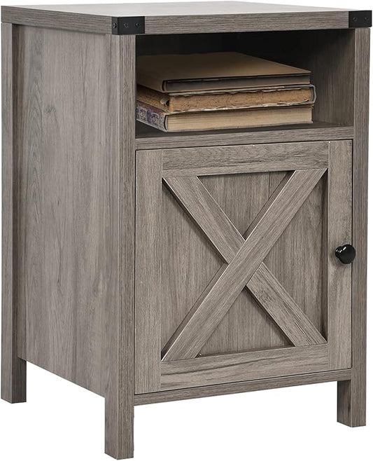 Farmhouse Nightstand, Side Table, End Table with Barn Door and Shelf, Rustic Modern Bed Night Stand for Bedroom, Living Room, Grey Wash