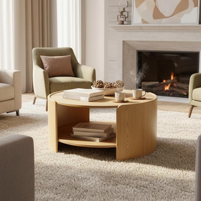 DUOMAY Wood Coffee Table, 31.5" Round Coffee Table with Storage Shelf Mid Century Modern Center Table for Living Room Apartment, Natural Oak Color
