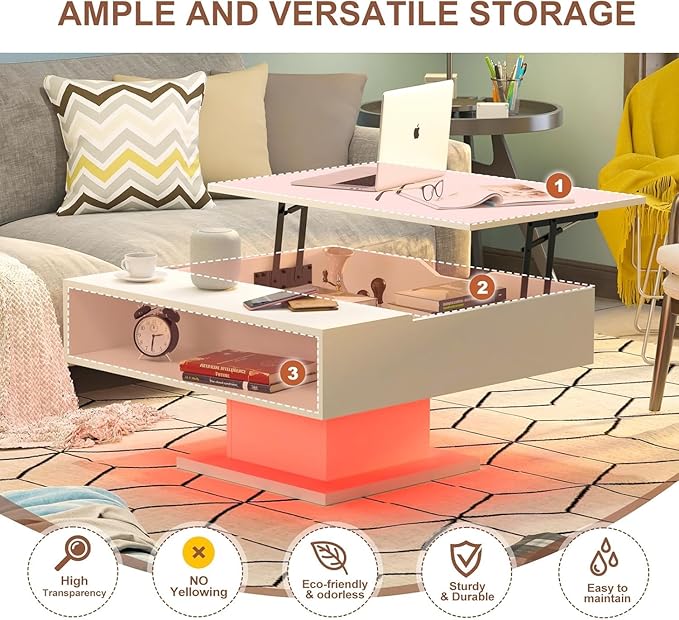 Square Lift Top Coffee Table with Storage, White Led Coffee Table for Living Room with Large Hidden Storage, 30.7" Wood Table Led Center Table for Dining Reception Room