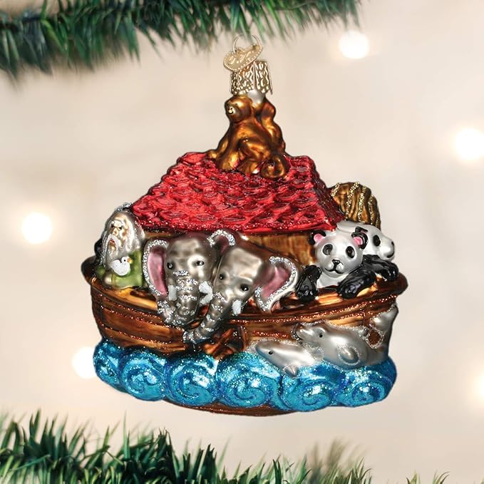 Old World Christmas Spiritual Gifts Glass Blown Ornaments for Christmas Tree Noah's Ark 4.25 Inches