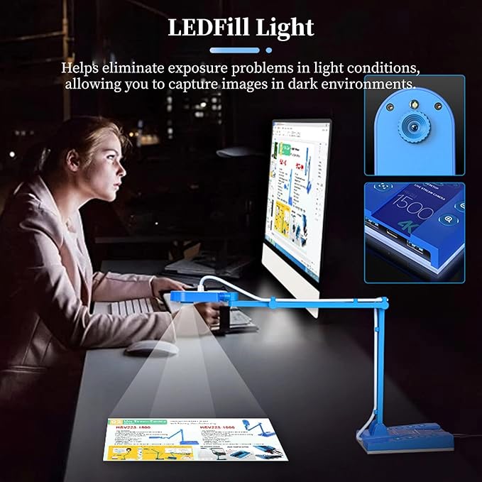 4K USB Document Camera, Quick Recognition Screen Document Webcam 15MP Mirror Mode with LED Light for Live Demo for Remote Teaching