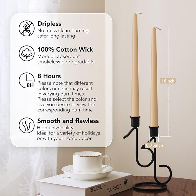 10-Inch Tall Unscented Dripless Taper Candles Bulk 30 Pack - Beige Taper Candles Bulk, Perfect for Wedding, Dinner - Smokeless, 6-8 Hour Long Burning - Colored Candlesticks Bulk - Beige