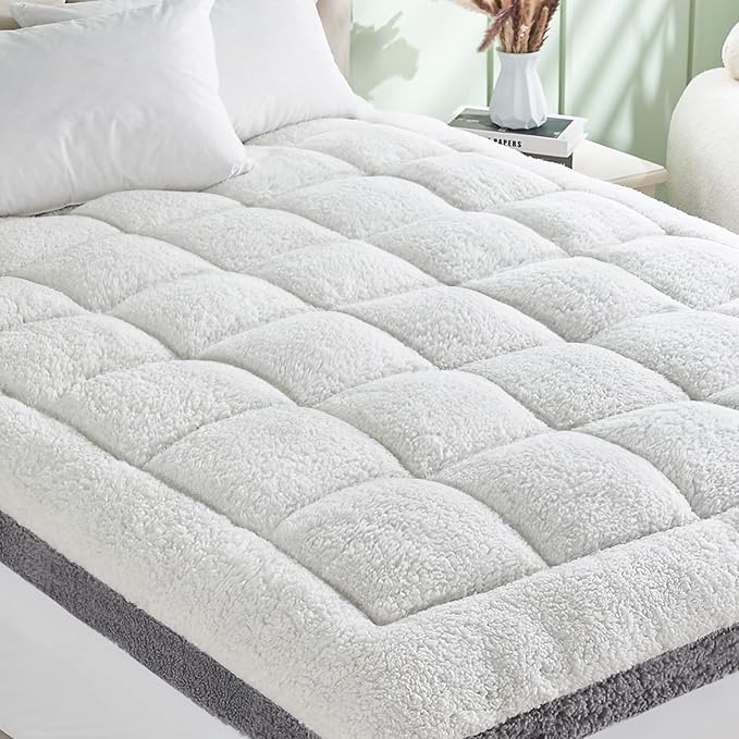 Cymula Full Size Mattress Topper for Winter Sherpa Pillow Top Mattress Pad Topper with 8-21 Inch Elasticated Deep Pockets, Plush Down Alternative Fill Mattress Protector, White