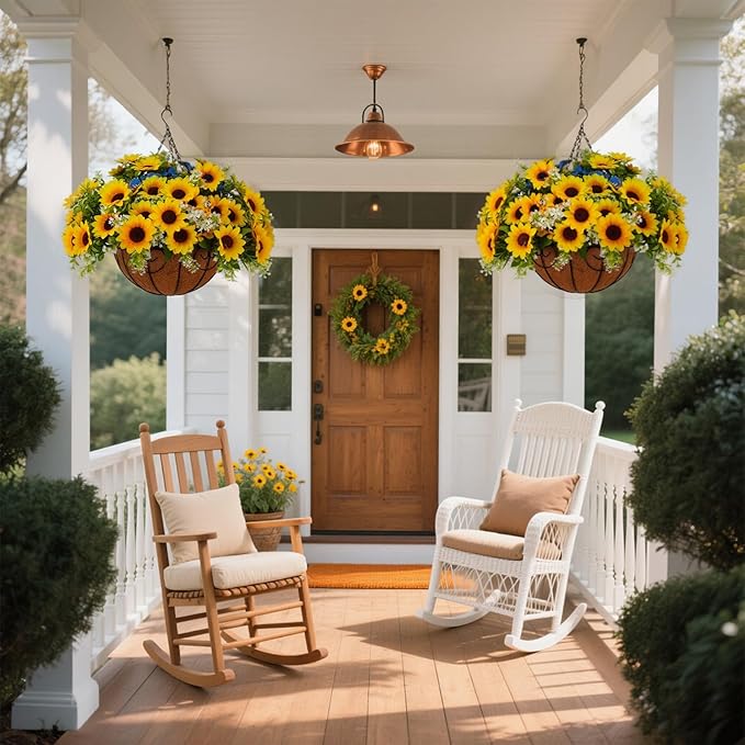 Artificial Fake Fall Sunflower Plants Flowers for Outdoor Outside Decoration,12 Bundles Faux Silk Sunflowers UV Resistant Look Real No Fade for Front Door Porch Patio Yard Balcony Autumn Decor